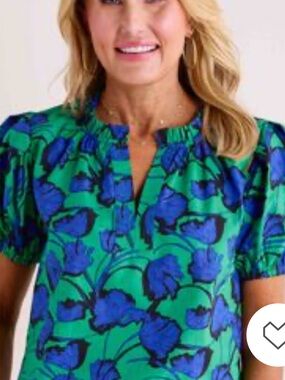 Avara Green and Blue Floral Puff-Sleeve Blouse